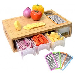 Bamboo Cutting Board with Containers Lids and Graters Large Wood Chopping Board with Stackable Trays Vegetable Shredders and Food Dropping Zone Carving Board with Easy-grip Handle Juice Groove