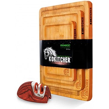 KOKITCHER Bamboo Cutting Board Set of 3 Reversible with Juice Groove Wooden Cheeseboard and Charcuterie Boards and Kitchen Chopping Boards for Meat Bundle with Mini Knife Sharpener