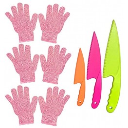 POCOMOCO 3 Pairs Kids Cut Resistant Gloves Ages 5-12 for Cooking with 3 Pieces Kids Safe Knife Cooking Protection Safe Hands from Knives Kitchen and Tools Cut Level 5 Protection Pink