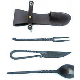 Viking Traders Hand-Forged Blacksmith Medieval Dining Hall Eating Feasting Utensils set of 3 Piece Functional Fork Knife and Spoon Medieval Eating Set with genuine leather pouch for easy carrying.