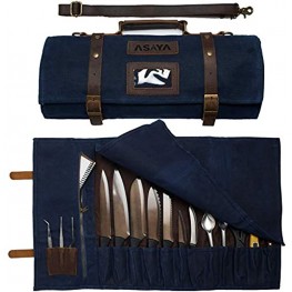 Asaya Waxed Canvas Knife Roll 15 Knife Slots Card Holder and Large Zippered Pocket Genuine Leather Cloth and Brass Buckles for Chefs and Culinary Students Knives Not Included