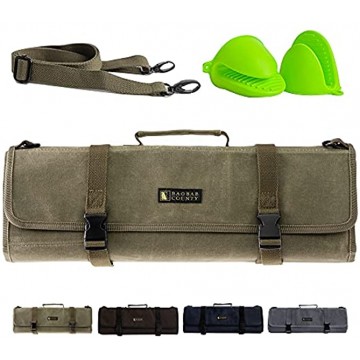 BAOBAB COUNTY Chef Knife Roll Bag Premium 12oz Waxed Canvas Chef Knife Case 11 Slots Ideal Chef's Knife Bag for Carving Knives Cleaver Chef Tools & Utensils Army Green Oven Mitts Included
