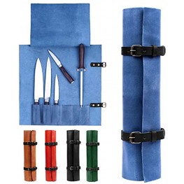 Karasto Leather Knife Roll Bag Portable Travel Tool Case Chef Knifes Cutlery Carrier Organizer Kitchen Storage Holder Blue