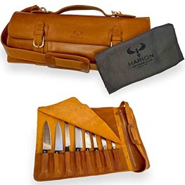 MARION LE KANGOU Genuine Calf Top Grain Leather Handcrafted Professional Chef Knife Storage Roll Bag 8 Pockets Detachable Shoulder Strap Zippered Interior Pocket