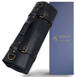 Ventiva Black Leather Knife Roll Storage Bag 9 Pockets w Large Utility Pocket Adjustable Detachable Shoulder Strap Travel-Friendly and Durable