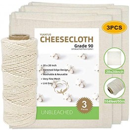 Cheesecloth and Twine 20x20 Inch Grade 90 100% Unbleached Pure Cotton Muslin Cloth for Straining Ultra Fine Reusable Hemmed Edge Cheese Cloth Fabric Filter for Cooking Nut Milk Strain 3 Pieces