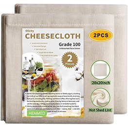 Olicity Cheesecloth Grade 100 20x20Inch Hemmed Cheese Cloths for Straining Reusable 100% Unbleached Cheese Cloth Strainer Muslin Cloth for Cooking Straining Jellies Making Cheese Making 2 PCS