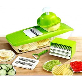 GProME Mandoline Slicer Vegetable Spiralizer Food Slicer 6-in-1 French Fry Cutter Food Waffle,Julienne Grater- Potato Slicer– Sharp Stainless Steel BladesGreen