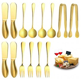 14 PCs Gold Butter Spreader Knives Set Butter Knife Specialty Cheese Slicer with Mini Serving Tongs Spoons and Fruit Forks for Condiment Jam and Jelly Charcuterie Accessories -Gold