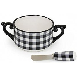 Boston International Ceramic Bowl and Stainless Steel Spreader 4.75 x 2.75-Inches Black & White Check