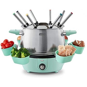 Dash Deluxe Stainless Steel Fondue Maker with Temperature Control Fondue Forks Cups and Rack with Recipe Guide Included 3-Quart Non-Stick – Aqua