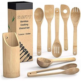 Electy Wooden Spoons for Cooking – 8piece Set with Soup Spoon Bamboo Spatula Bamboo Utensil Holder