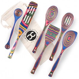 Exotic Pakkawood 6-Piece Kitchen Utensil Set with 12-in Spoon 12-in Slotted Spoon 12-in Spatula 12-in Corner Spoon 13-in Large Spurtle Double Measuring Spoon by Crate Collective Rainbow