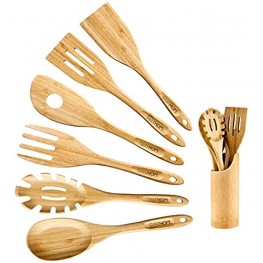 GEEKHOM Bamboo Cooking Utensils with Holder,7 Pieces Extra Large Wooden Kitchen Utensils Set Heat Resistant Wood Spoons Turners Spatulas for Nonstick Cookware Kitchen Flippers for Pancake Egg Fish