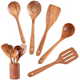 InnoStrive Wooden Spoons For Cooking 6 pack Wooden Utensils For Kitchen Natural Teak Wooden Spoons And Spatulas With Holder