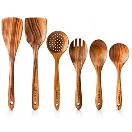 Liforny Wooden Cooking Utensils Set 6 Pcs Natural Teak Wood Spoons And Spatulas Nonstick Large Big Kitchen Tools