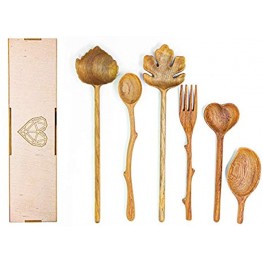 Natural Wooden Spoons and Forks Set Wood Gift Box Set of 6 Gifts For Women Wooden Utensils for Eating Kitchen Wood Cooking Utensil Set Salad Spoons For Serving Olive Wooden Spoons for Crafts
