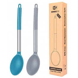 Pack of 2 Large Silicone Cooking Spoon Non Stick Solid Basting Spoons Heat-Resistant Kitchen Utensils for Mixing Serving Gray-Blue