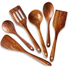 Renawe 6 pcs Best Wooden Kitchen Utensils Non Stick Cooking Spoons Wood Spatula Serving Spoon Soup Ladle Utensils Set