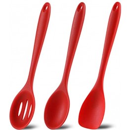 Silicone Spoons for Cooking 3 Pieces Non-Stick Mixing Spoons Slotted Spoon & Spoonula Kitchen Spoon Set for Serving Stirring & Baking 480℉ Heat Resistant Red