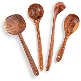 Wooden Soup Ladle Set Kitchen Spoon Set Utensils 4 Pcs Handmade Natural Teak Cooking Spoons Long Handle Wooden Soup Ladle Spoon