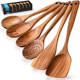Zulay Kitchen Premium Wooden Utensils For Cooking 6 Pc Set Non-Stick Soft Comfortable Grip Wooden Cooking Utensils Smooth Finish Teak Wooden Spoon Sets For Cooking