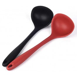 Silicone Ladle Soup Spoon Set of 2 Nonstick Heat Resistant Long Handle Unbreakable Big Round Scoop for Home Kitchen Cooking,Red and Black