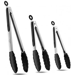 Bnlcd Kitchen Tongs Premium Stainless Steel Locking Cooking Tongs with Silicone Tips Non-Slip Food Tongs for Cooking Heavy Duty Non-Stick 480℉ Set of 3-7" 9" and 12" Black