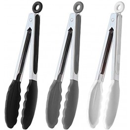 HINMAY 9-Inch Kitchen Cooking Tongs with Silicone Tips Set of 3 Black White Gray