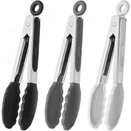 HINMAY Small Silicone Tongs 7-Inch Mini Serving Tongs Set of 3 Black Gray White