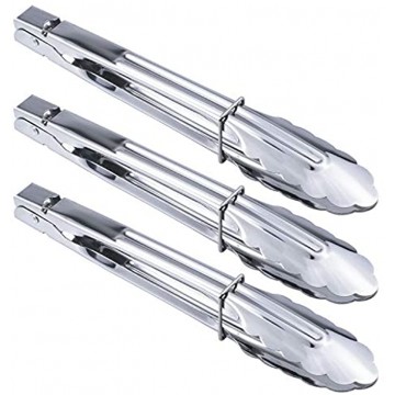HINMAY Stainless Steel Serving Tongs Metal Cooking Tongs with Scalloped Gripping Edge Kitchen Tongs 9-Inch 3 Pieces