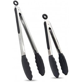Kitchen Tongs Set of 2 BPA Free Premium Silicone Tongs for Cooking & Stainless Steel Locking Salad Tongs for Cooking with Silicone Tips Non-Stick Grip 9-Inch & 12-Inch Black