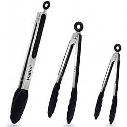Walfos Kitchen Tongs Heat Resistant Cooking Tongs Set of 3 Stainless Steel and BPA Free Silicone Tips Great for Cooking Grilling Turning 7" 9" and 12" 3 black silicone tongs