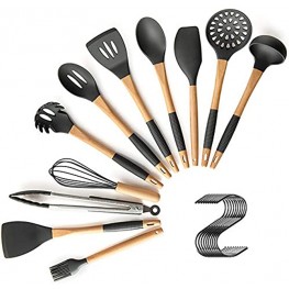 11 Pcs Silicone Kitchen Utensil Set NAYAHOSE Nonstick Cooking Utensils with Holder & Wooden Handle Heat Resistant Kitchen Tools Gadgets for Home Black Hooks Included
