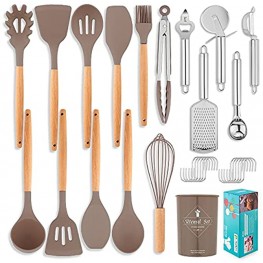 29Pcs Silicone Cooking Kitchen Utensils Set,Cooking Utensil Sets with Holder,Heat-Resistant,Grater Turner Tongs Spatula Spoon Wooden Handle Kitchen Gadgets Tools Set for Nonstick Cookware Gray-brown
