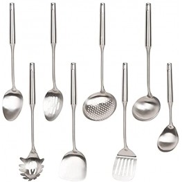 304 Stainless Steel Kitchen Utensil Set Standcn 8 PCS All Metal Cooking Tools with Solid Spoon Slotted Spoon Wok Spatula Soup Ladle Skimmer Slotted Spatula Spaghetti Server Large Rice Spoon
