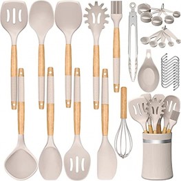33 PCS Silicone Kitchen Utensils Set Umite Chef Heat Resistant Cooking Utensils Set With Holder Wooden Handle Kitchen Gadgets Tools Spatula Set for Nonstick CookwareBPA Free & Khaki