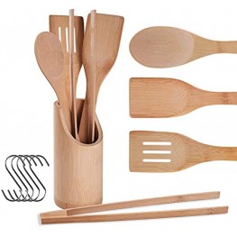 Bamboo Kitchen Utensils Wooden Cooking Utensils with Holder Wooden Spatulas and Cookware Set Bamboo Spoons for Cooking （included hook） 4set