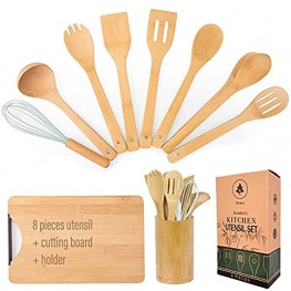 Bamboo Kitchen Utensils,8 Pieces Cooking Utensils Set with Holder And Cutting Board Wooden Utensils for Cooking Bamboo Utensils Wooden Spoon with Cutting Boards Bamboo Kitchen Utensil Set,Spatula
