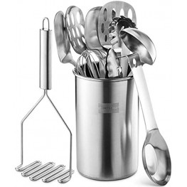 Bartnelli 11-Piece Kitchen Utensils Set with Holder Non-Stick Stainless Steel Cooking Utensils with Heat-Resistant Handle Includes Cooking Spoons Potato Smasher Slotted Turner Whisk and More