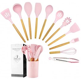 Caliamary Silicone Kitchen Utensil Set 11 Pieces Cooking Utensil with Wooden Handles Utensil Holder for Nonstick Cookware Spoon Soup Ladle Slotted Turner Whisk Tongs Brush Pasta Server Pink