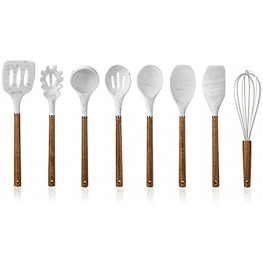 Cook with Color 8 Pc Non Stick Silicone Utensil Set with Rounded Wood Handles for Cooking and Baking Marble White