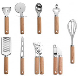 Cooking Utensils Set Caliamary 9 Pcs Kitchen Utensils Set with Wooden Handle Essentials Kitchen Gadgets with Can Opener Whisk Garlic Press Pizza Cutter Cheese Grater Cheese Cutter Peeler Corkscrew