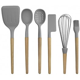 Country Kitchen 6 pc Non Stick Silicone Utensil Baking Set with Rounded Wooden Handles for Cooking and Baking Grey