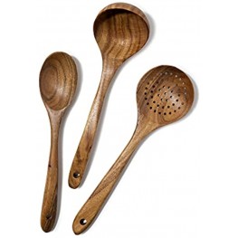 Decori Kitchen Wooden Eco Set of 3 Cooking Spoons 1-Spoon 1-Soup Ladle 1-Skimmer Handcrafted Teak Wood Utensils- Durable Non Stick- Eco Friendly- Perfect Housewarming Gift