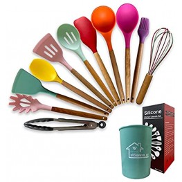fghuim Silicone kitchen Utensils Set Multicolor Silicone Cooking kitchenware Kitchen Utensils Non-stick Heat Resistant Silicone With Wooden Handle