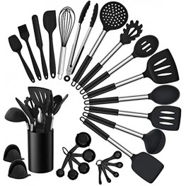 Homikit 27 Pieces Silicone Cooking Utensils Set with Holder Kitchen Utensil Sets for Nonstick Cookware Black Kitchen Tools Spatula with Stainless Steel Handle Heat Resistant
