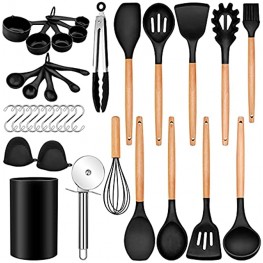 Homikit 35-Piece Kitchen Cooking Utensils Set with Holder Non-Stick Silicone Cookware Utensils Spatula Set Heat Resistant Kitchen Tools with Spoon Whisk Turner Tong Wooden Handle Black