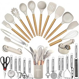 Kitchen Utensils Set- 35 PCs Cooking Utensils with Grater,Tongs Spoon Spatula &Turner Made of Heat Resistant Food Grade Silicone and Wooden Handles Kitchen Gadgets Tools Set for Nonstick Cookware