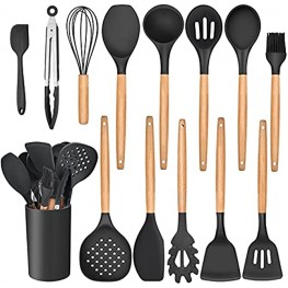 Leonyo 14 PCS Kitchen Cooking Utensils Set with Holder Silicone Kitchen Gadgets Spatula Set for Nonstick Cookware Cooking Tools with Spoons Spatulas Turners Soup Ladle Wooden Handle Black